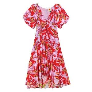 FARM Rio Red and Pink Tropical Midi Dress